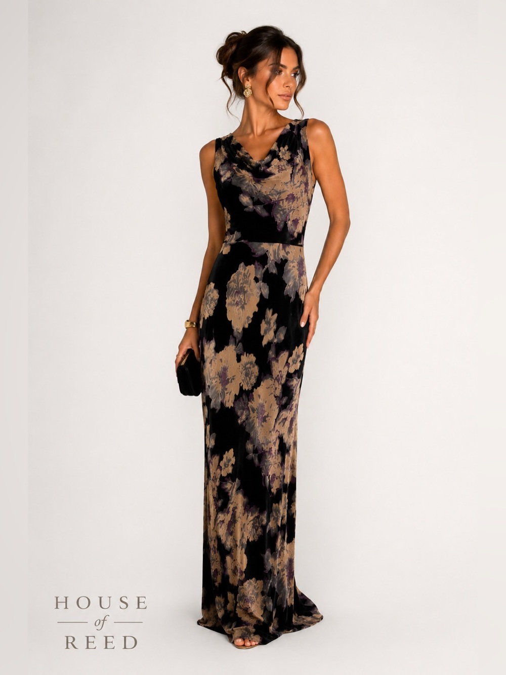 NWT Lulus Floral Velvet Ramonda Maxi Dress Black Purple Cowl Neck Formal Gown XS